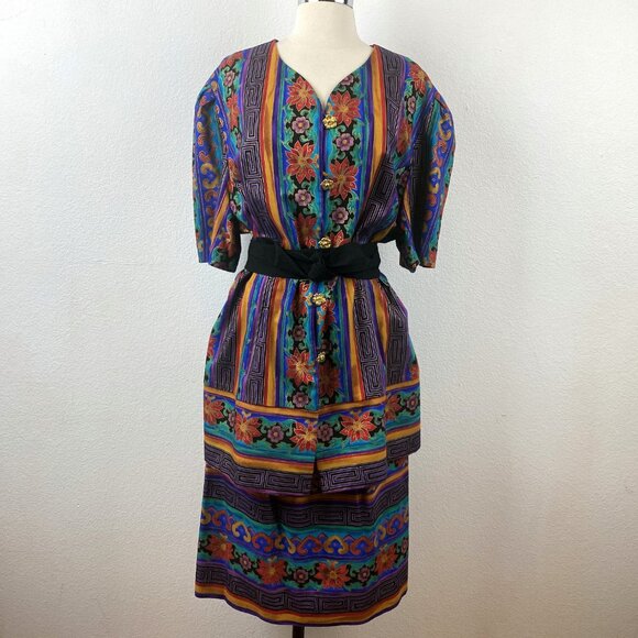 Vintage 80s Colorful Two Piece Dress Plus 20 Petites Tunic Skirt Modest Retro - Picture 8 of 10
